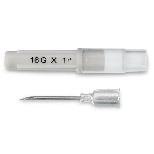 A relevant stock photo of 16 gauge needle in a typical setting.