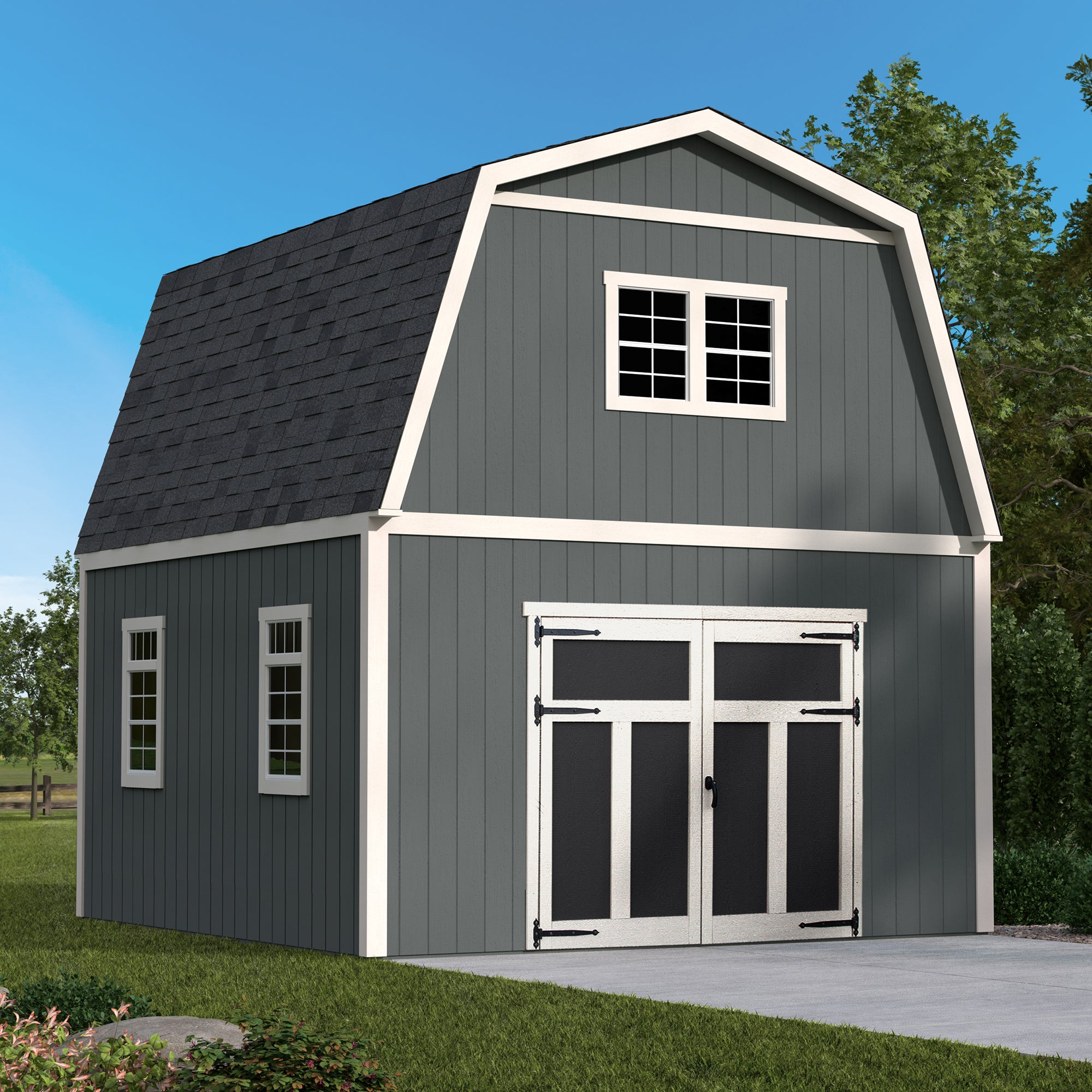 A relevant stock photo of 2 storey garden shed in a typical setting.