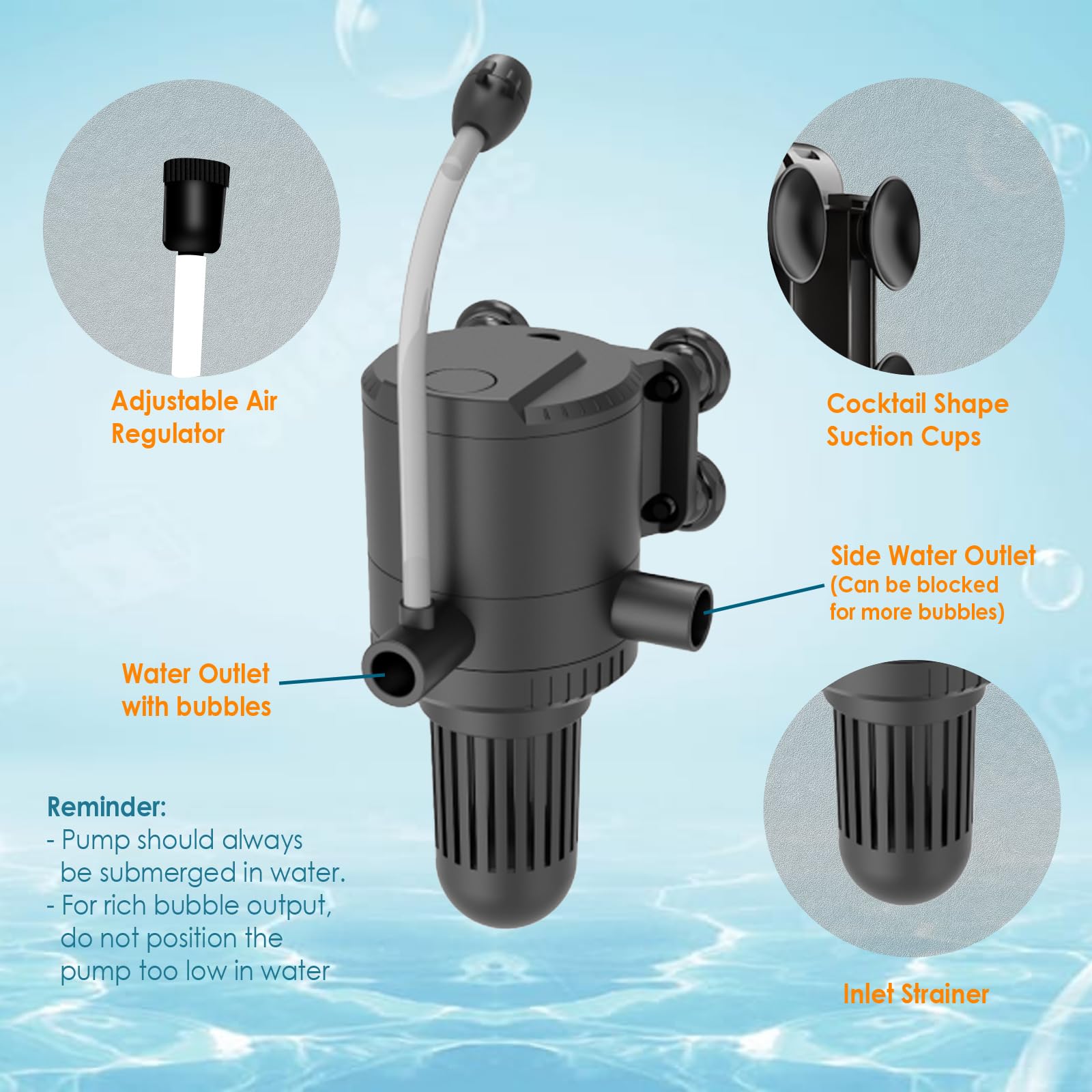 A relevant stock photo of aquarium pump in a typical setting.