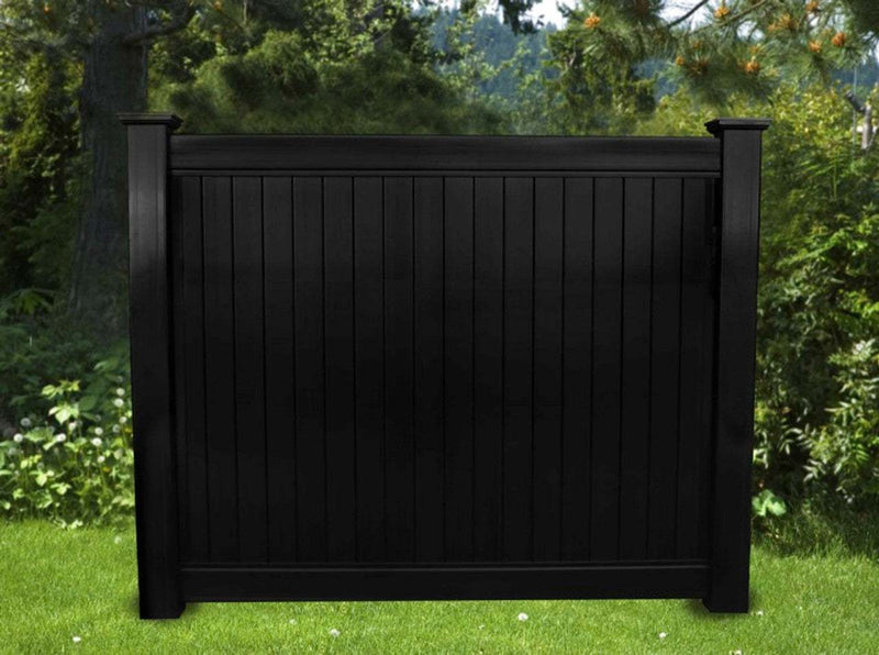 A relevant stock photo of black vinyl fence in a typical setting.