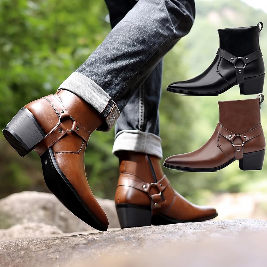 A relevant stock photo of boots for men heels in a typical setting.