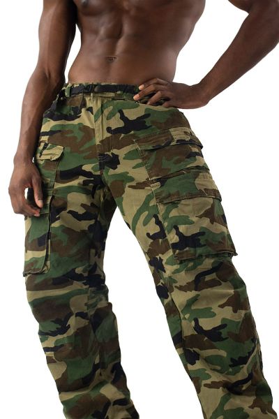 A relevant stock photo of camo trousers baggy in a typical setting.