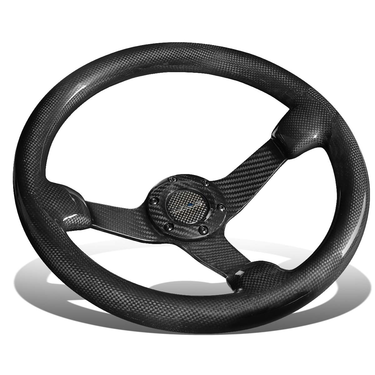 A relevant stock photo of carbon fiber steering wheel in a typical setting.