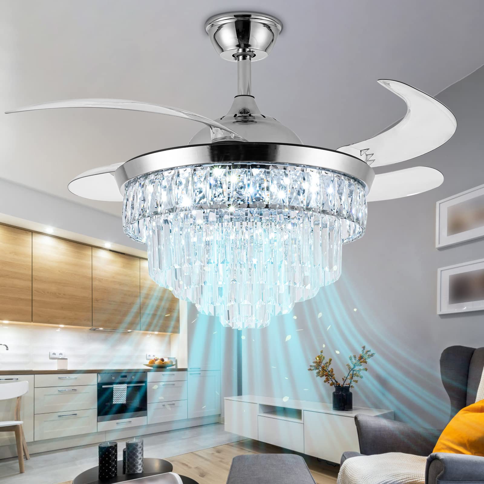 A relevant stock photo of chandelier fan in a typical setting.