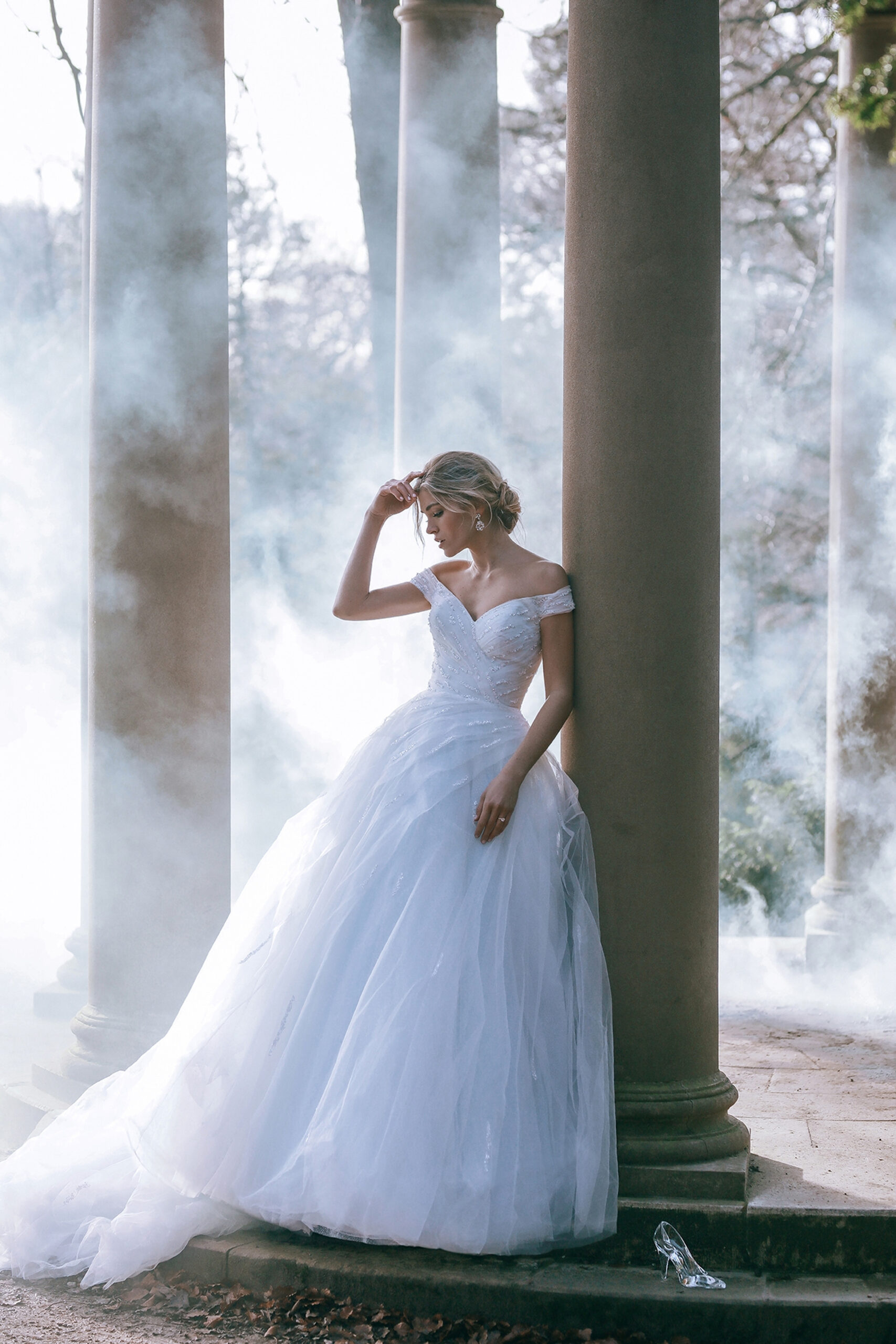A relevant stock photo of cinderella wedding dress in a typical setting.