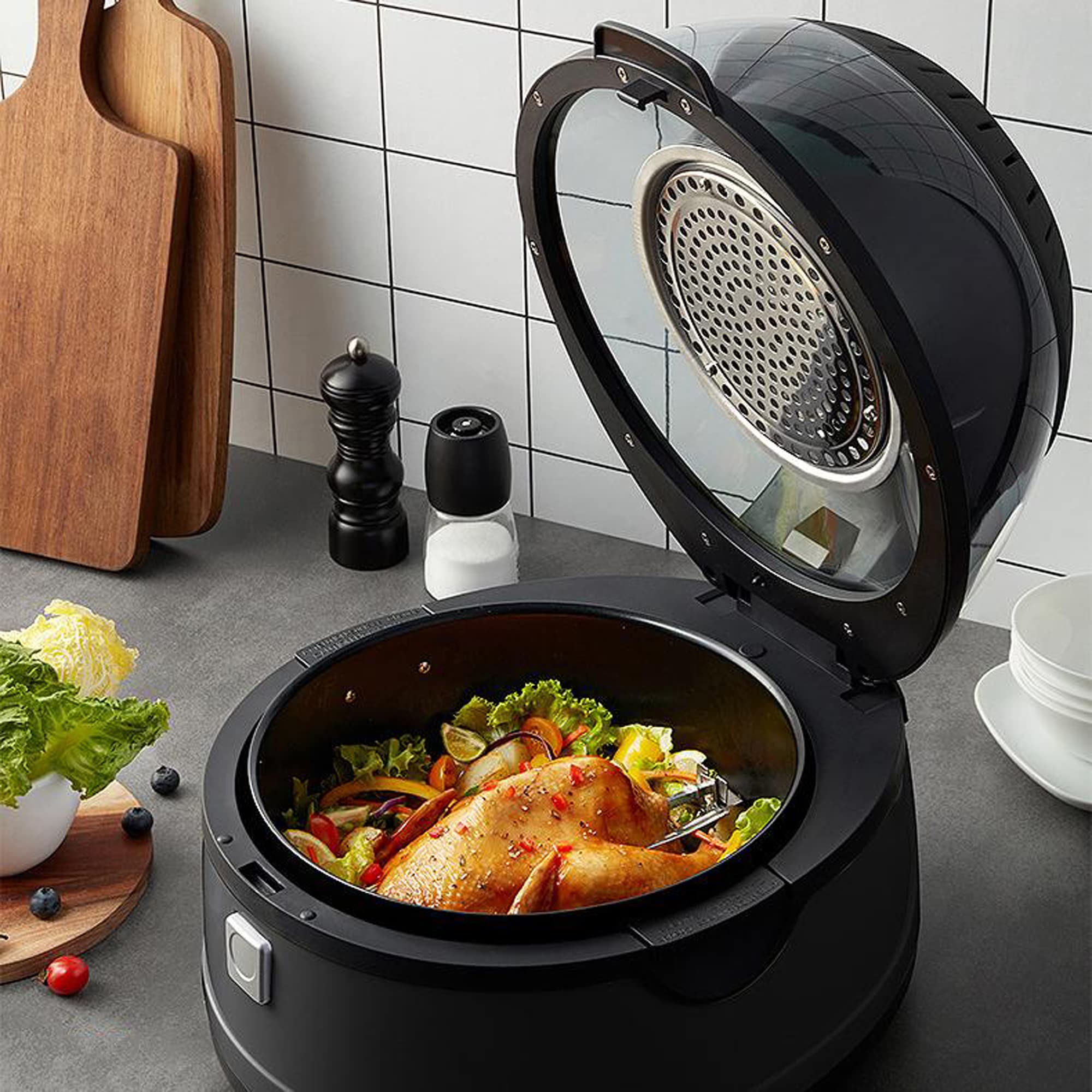 A relevant stock photo of commercial air fryer in a typical setting.