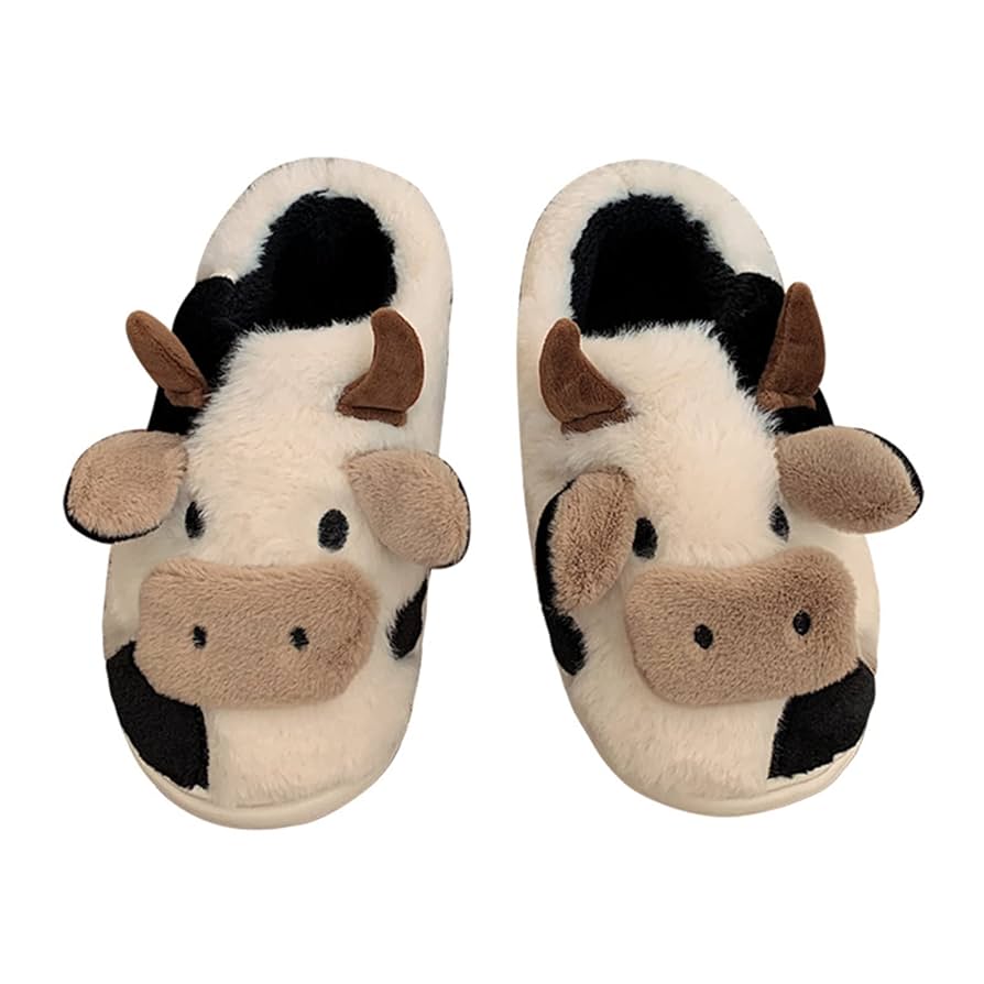 A relevant stock photo of cow slippers in a typical setting.