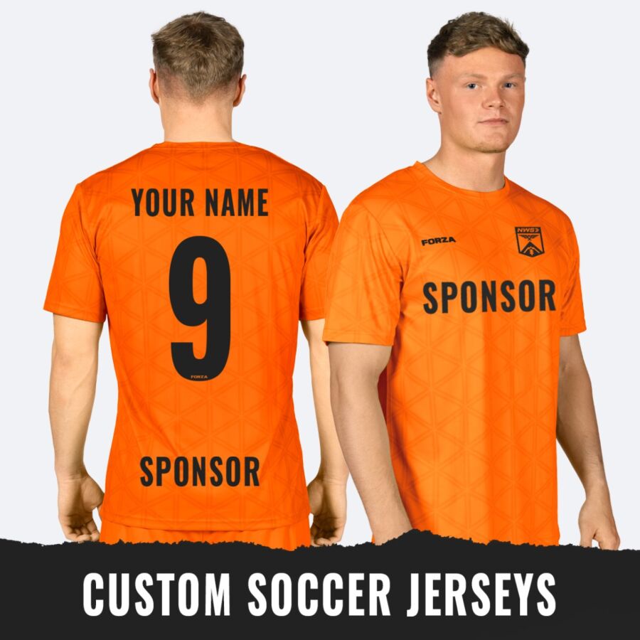 A relevant stock photo of custom soccer jerseys in a typical setting.