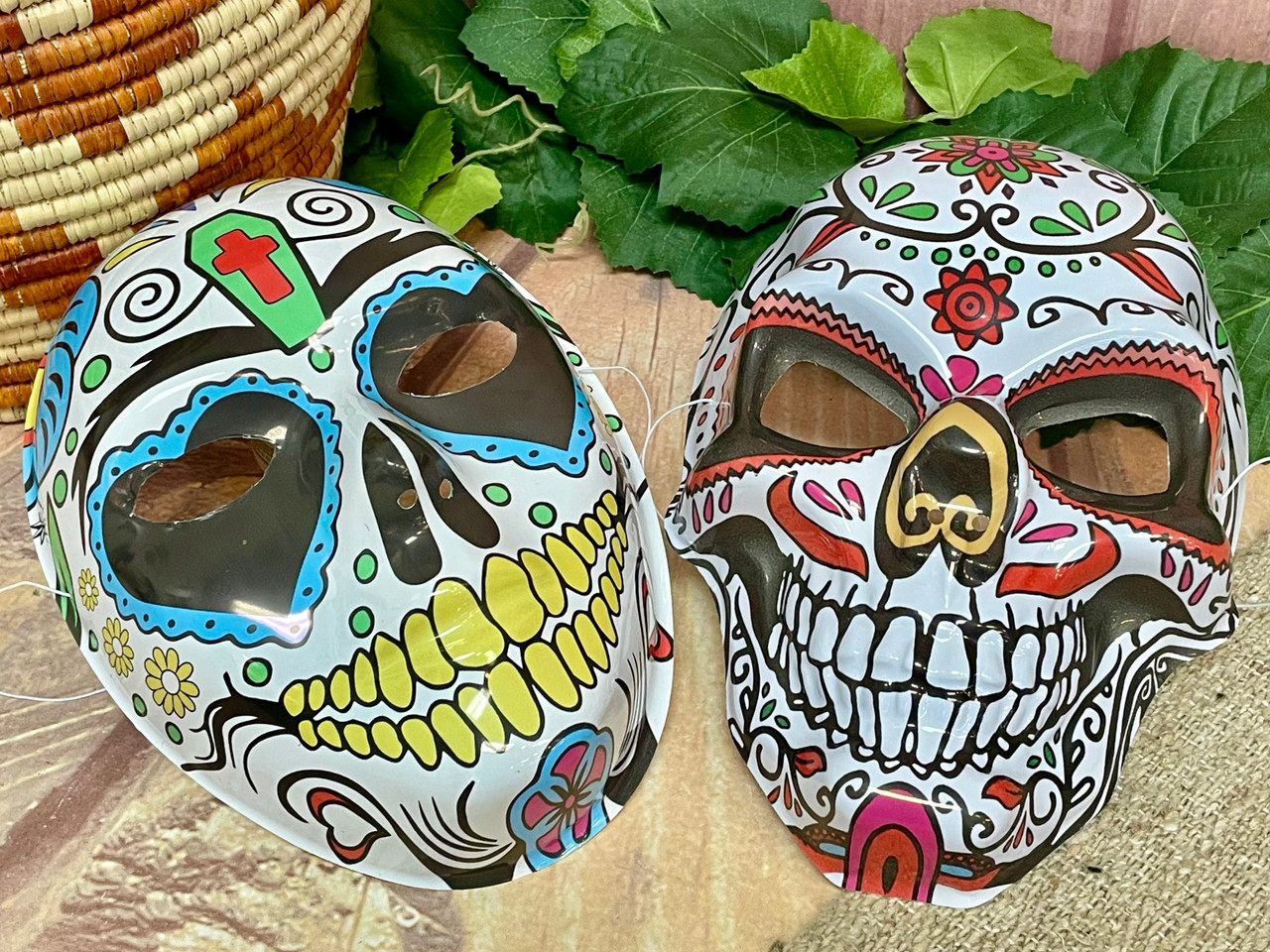 A relevant stock photo of day of the dead masks in a typical setting.