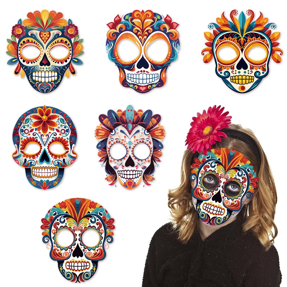A relevant stock photo of dia los muertos masks in a typical setting.