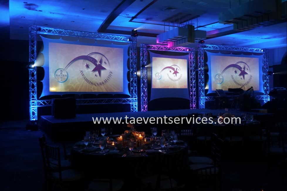 A relevant stock photo of dj projection screen on truss in a typical setting.