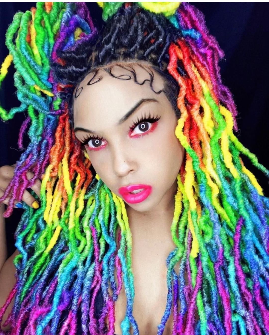A relevant stock photo of dreads rainbow dreadlock wig in a typical setting.
