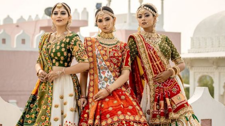 A relevant stock photo of gujarathi bride modern in a typical setting.