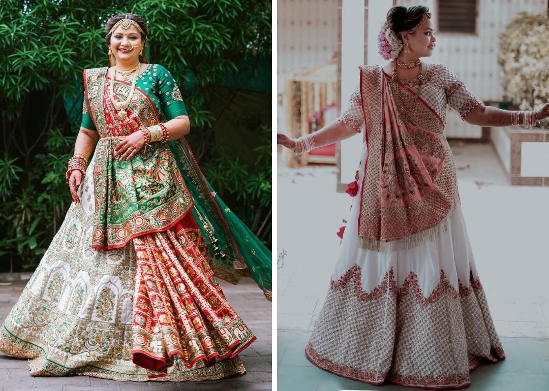 A relevant stock photo of gujarati wedding lehenga elegant modern in a typical setting.