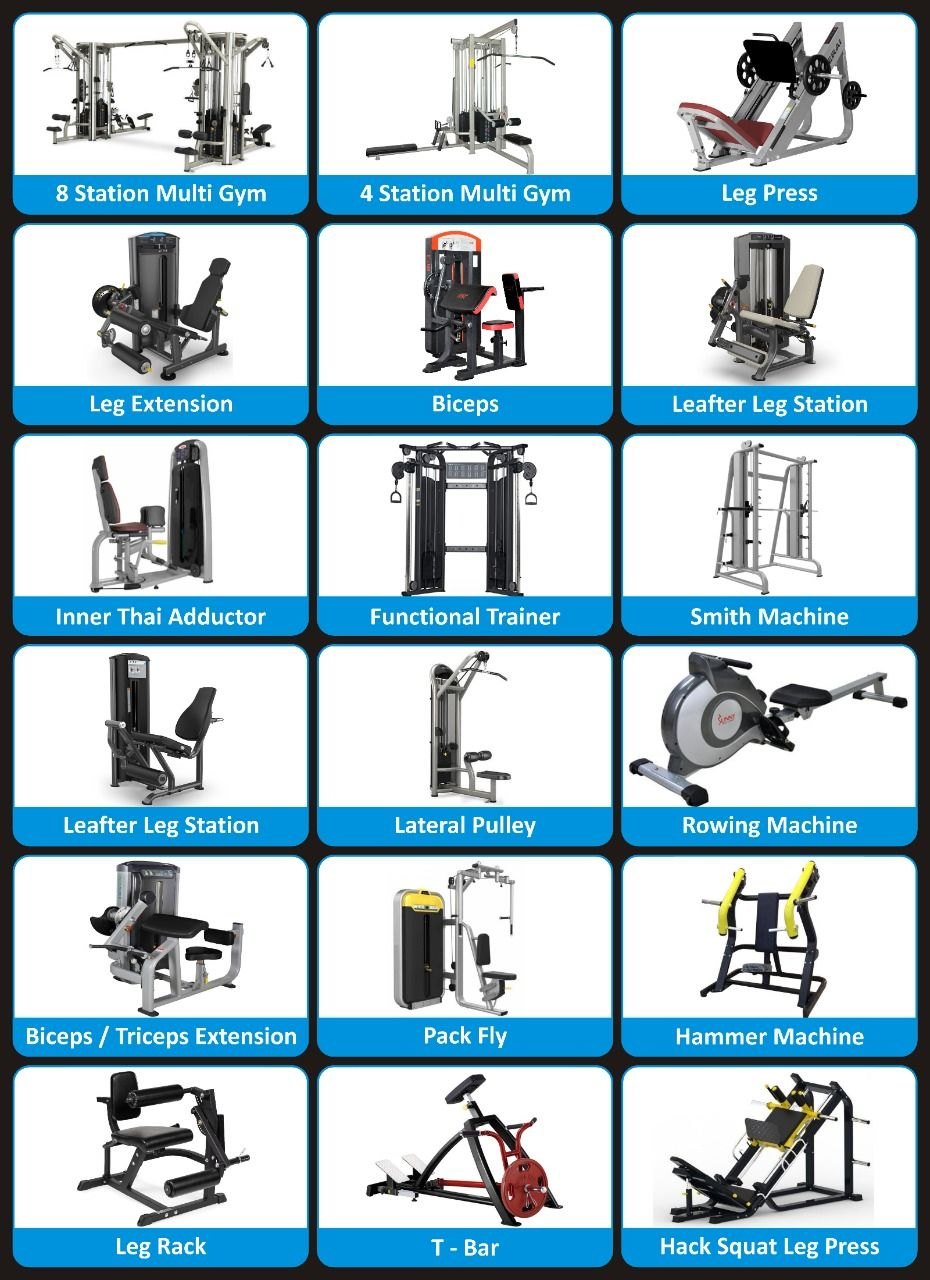 A relevant stock photo of gym equipment names in a typical setting.