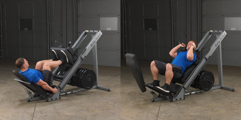 A relevant stock photo of hack squat vs leg press in a typical setting.