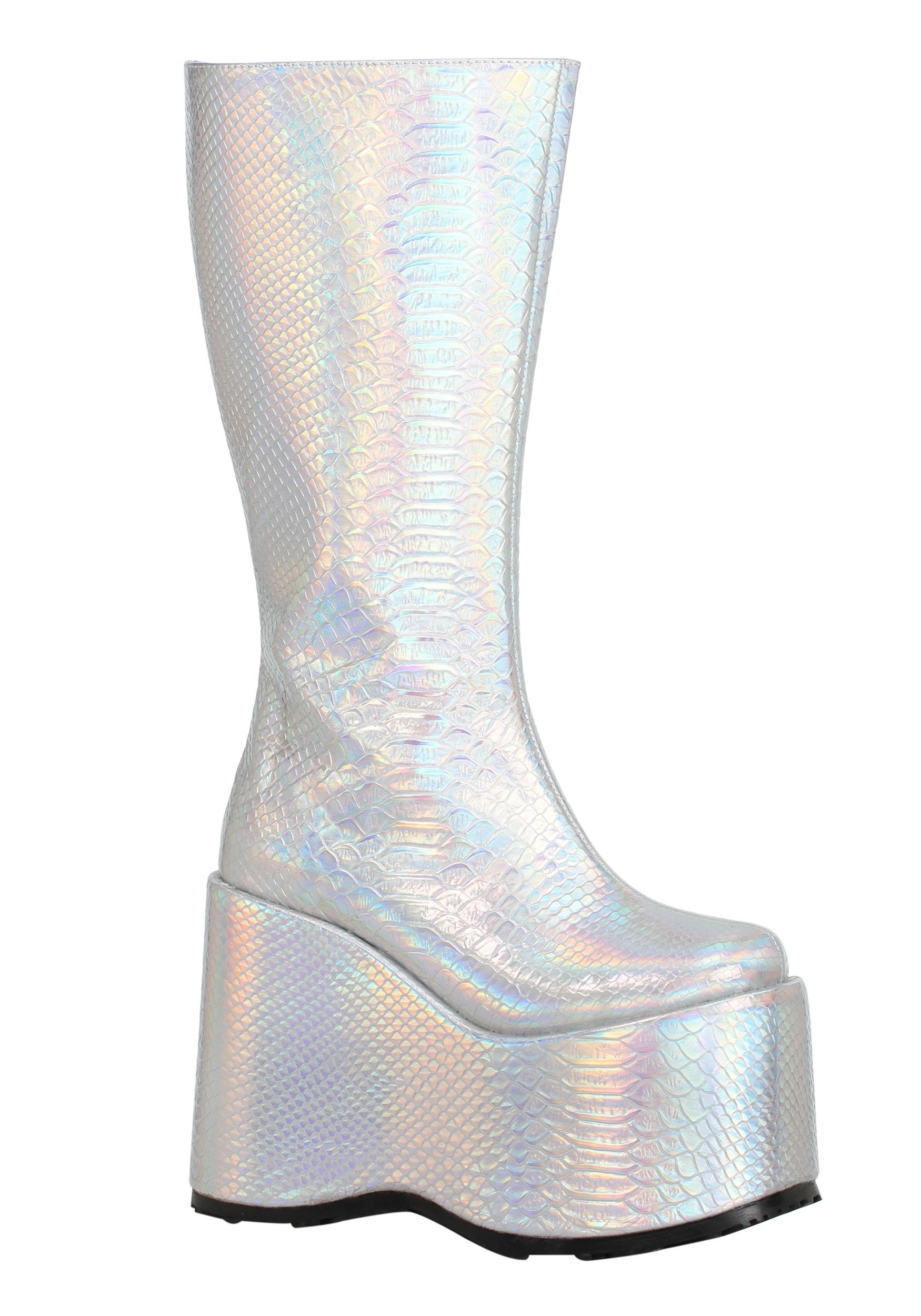 A relevant stock photo of holographic knee high space boots in a typical setting.