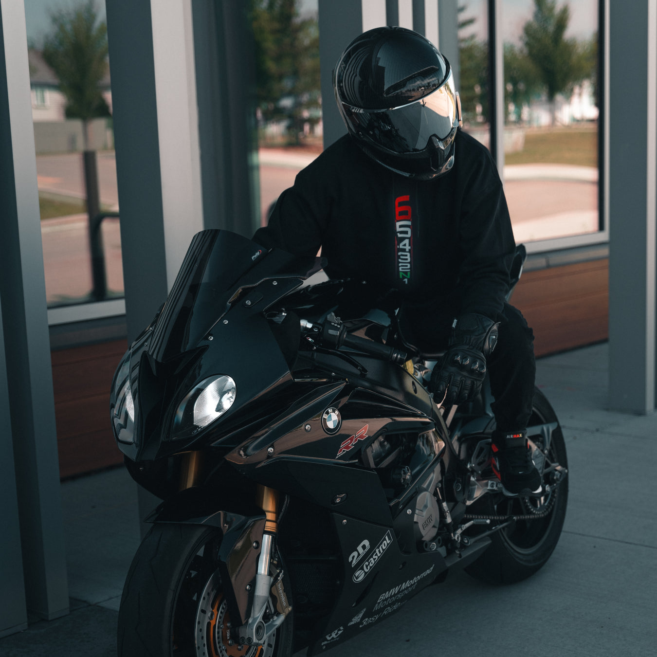 A relevant stock photo of hoodie motorbike in a typical setting.