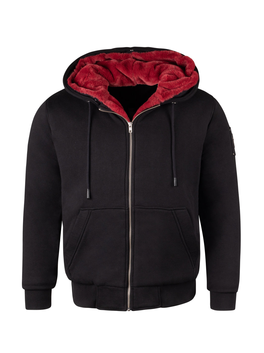A relevant stock photo of hoodie red black in a typical setting.