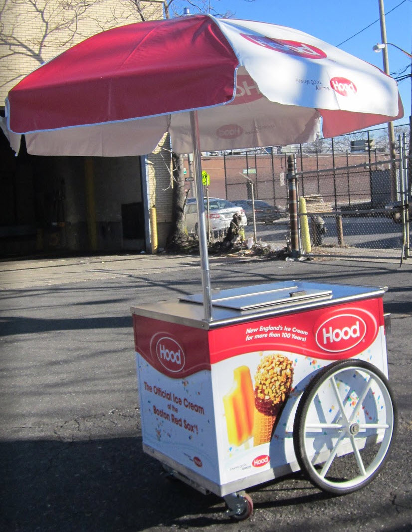 A relevant stock photo of ice cream cart in a typical setting.