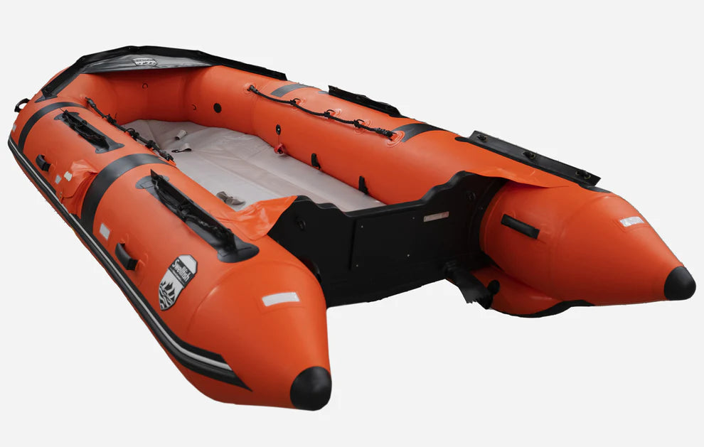 A relevant stock photo of inflatable rescue boat in a typical setting.