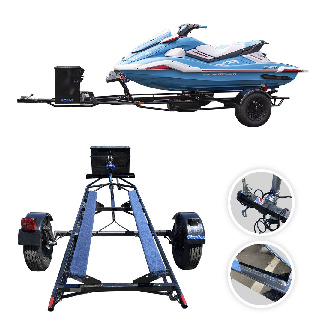 A relevant stock photo of jet ski trailer in a typical setting.