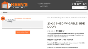 Keen's Buildings - 20x20 Shed w/ Gable Side Door