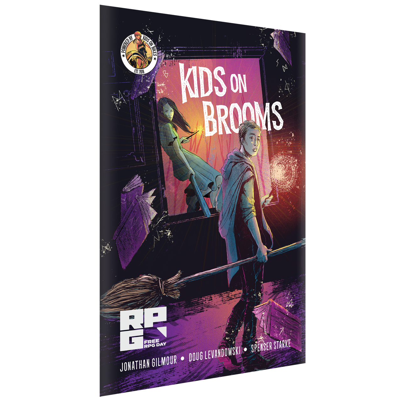 A relevant stock photo of kids on brooms in a typical setting.