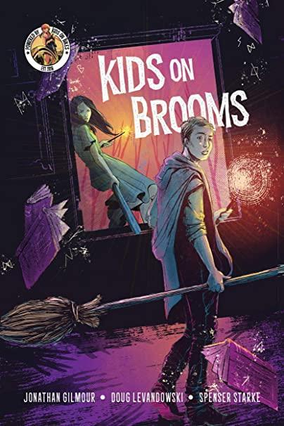 A relevant stock photo of kids on brooms in a typical setting.