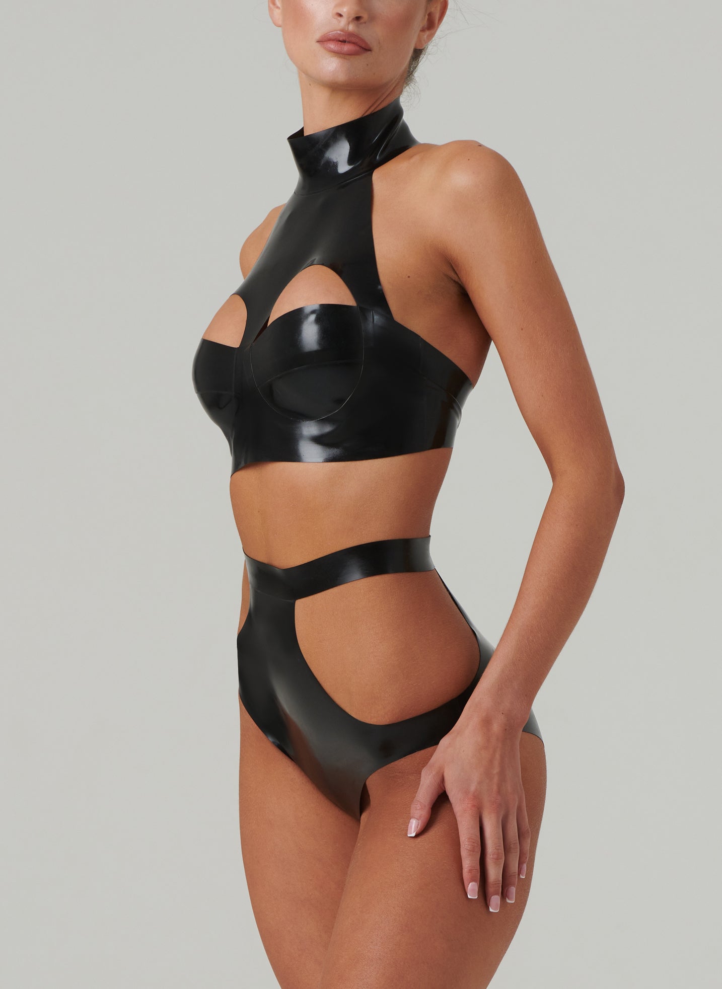 A relevant stock photo of latex lingerie in a typical setting.