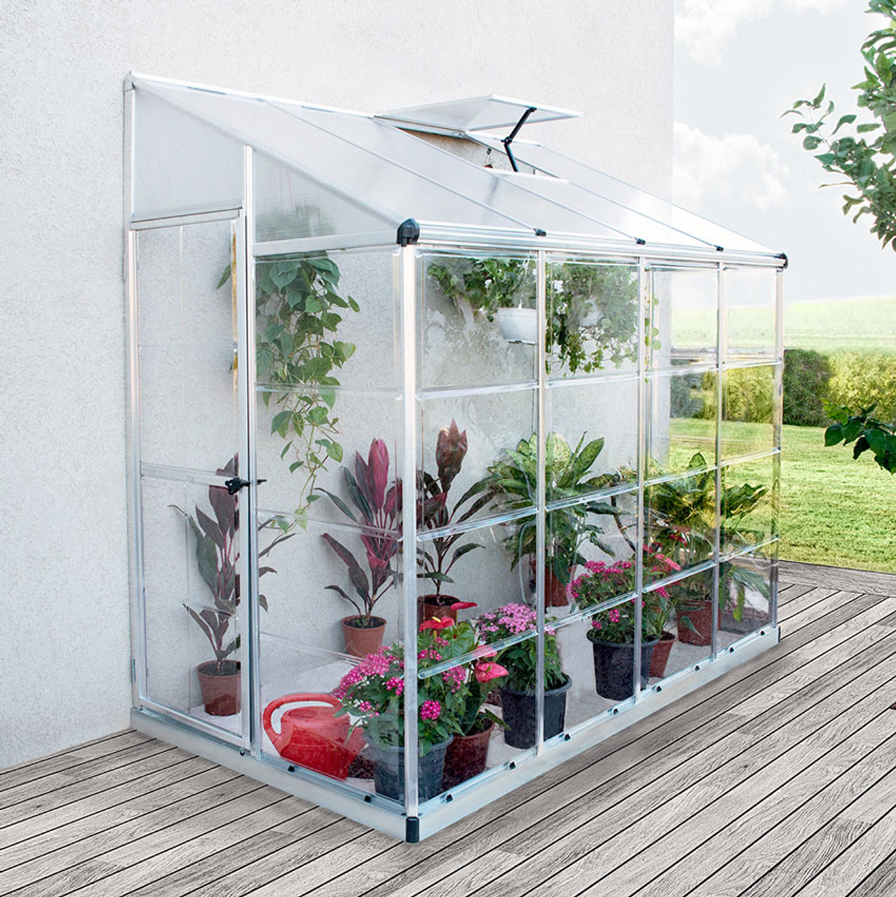 A relevant stock photo of lean to greenhouse in a typical setting.