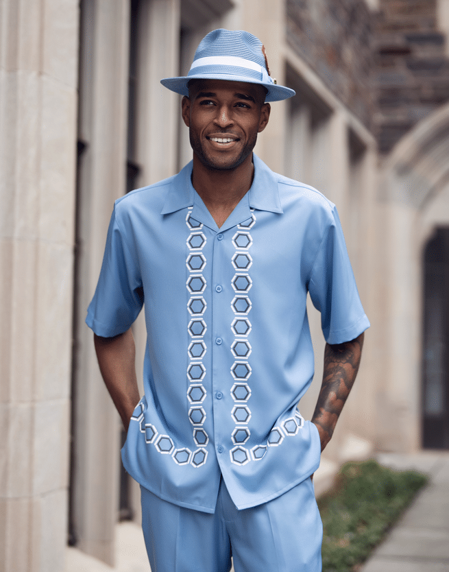 A relevant stock photo of leisure suit clothing in a typical setting.