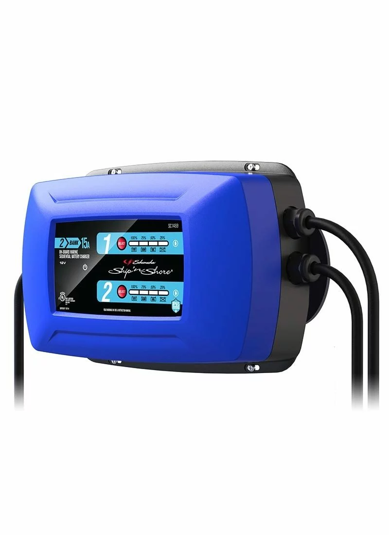 A relevant stock photo of marine battery charger in a typical setting.