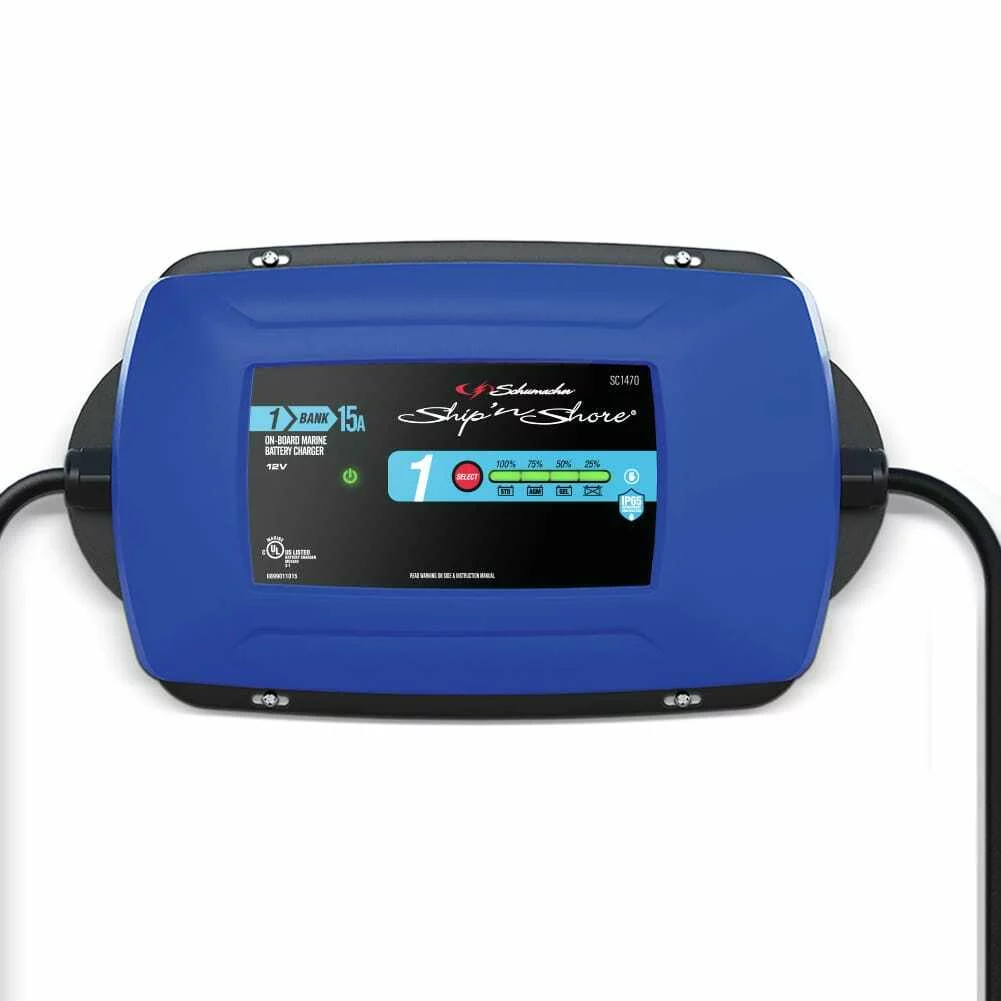 A relevant stock photo of marine battery charger in a typical setting.