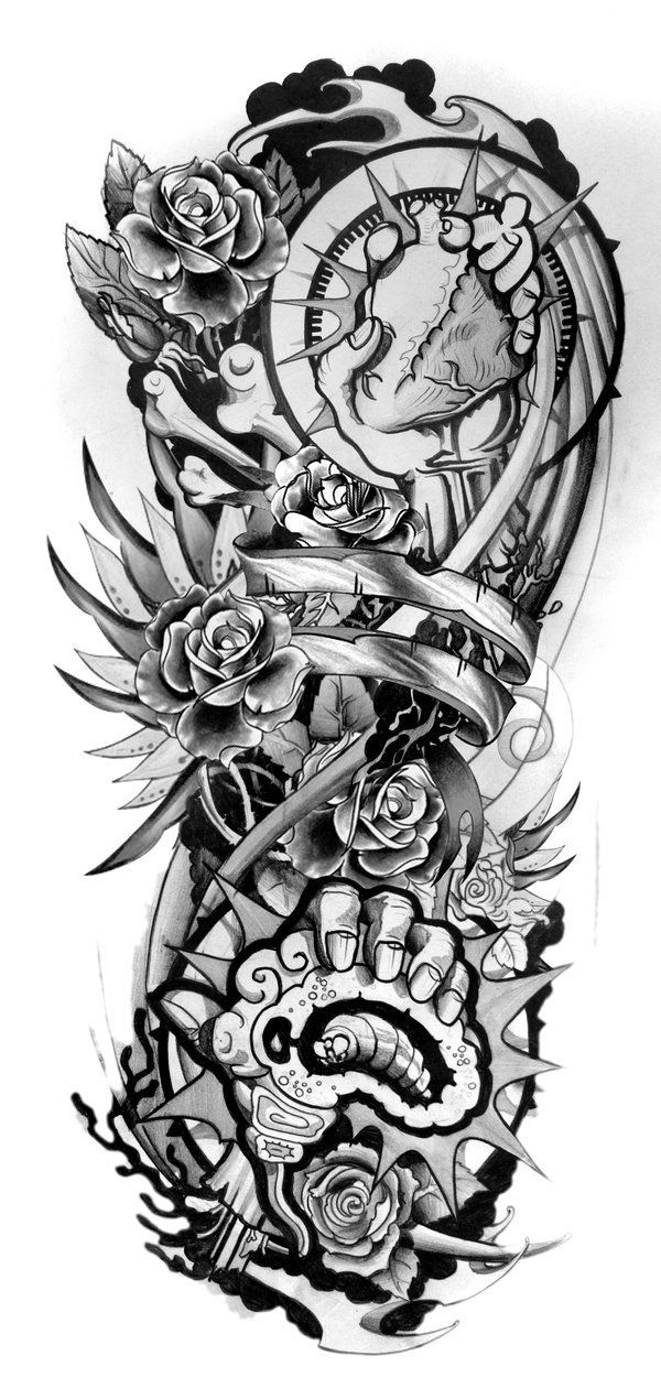 A relevant stock photo of mens sleeve tattoo drawings in a typical setting.