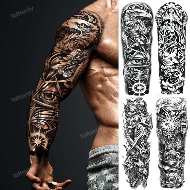 A relevant stock photo of mens sleeve tattoo drawings in a typical setting.