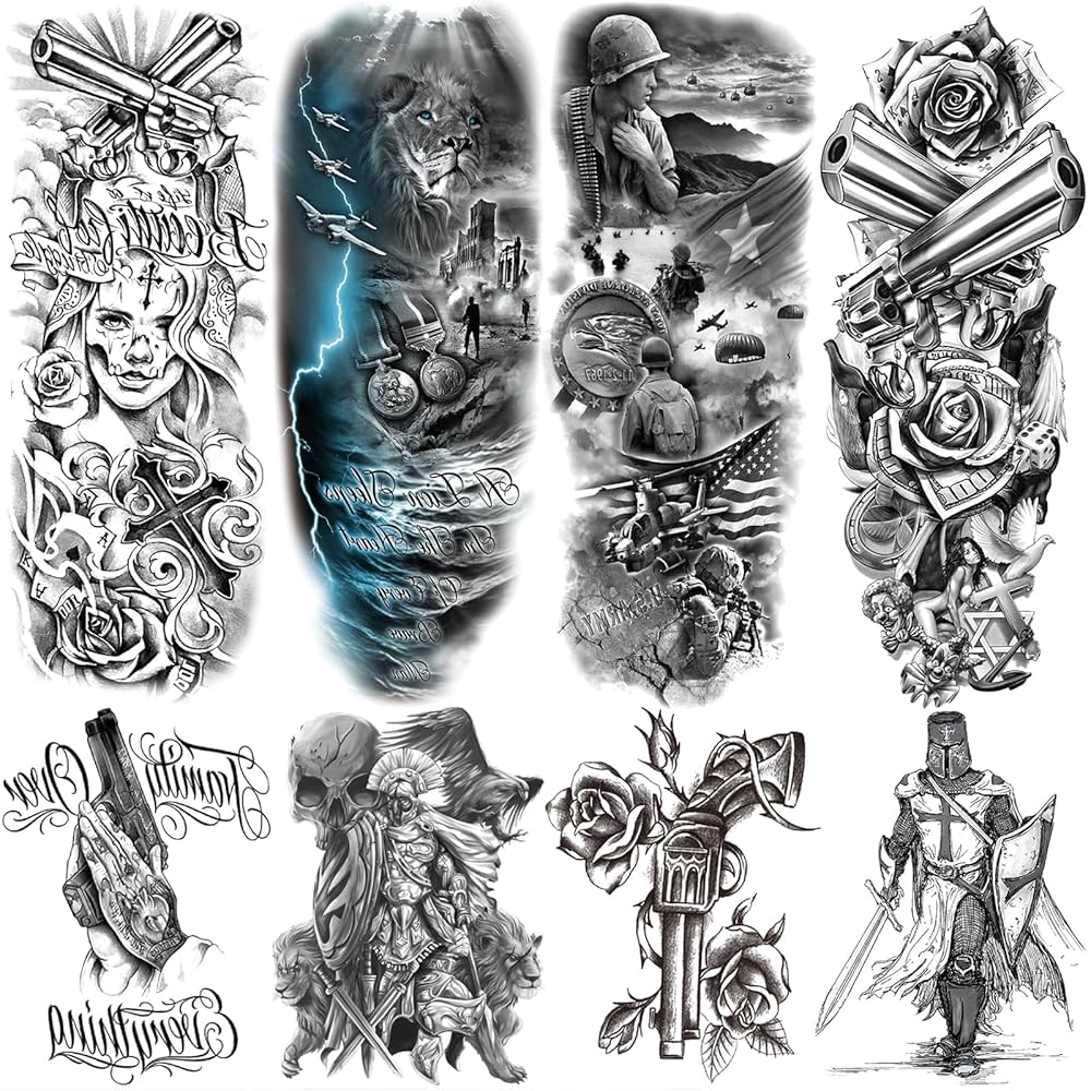 A relevant stock photo of mens sleeve tattoo drawings in a typical setting.