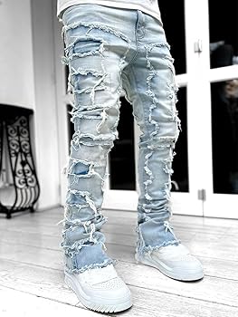 A relevant stock photo of men's stacked jeans in a typical setting.
