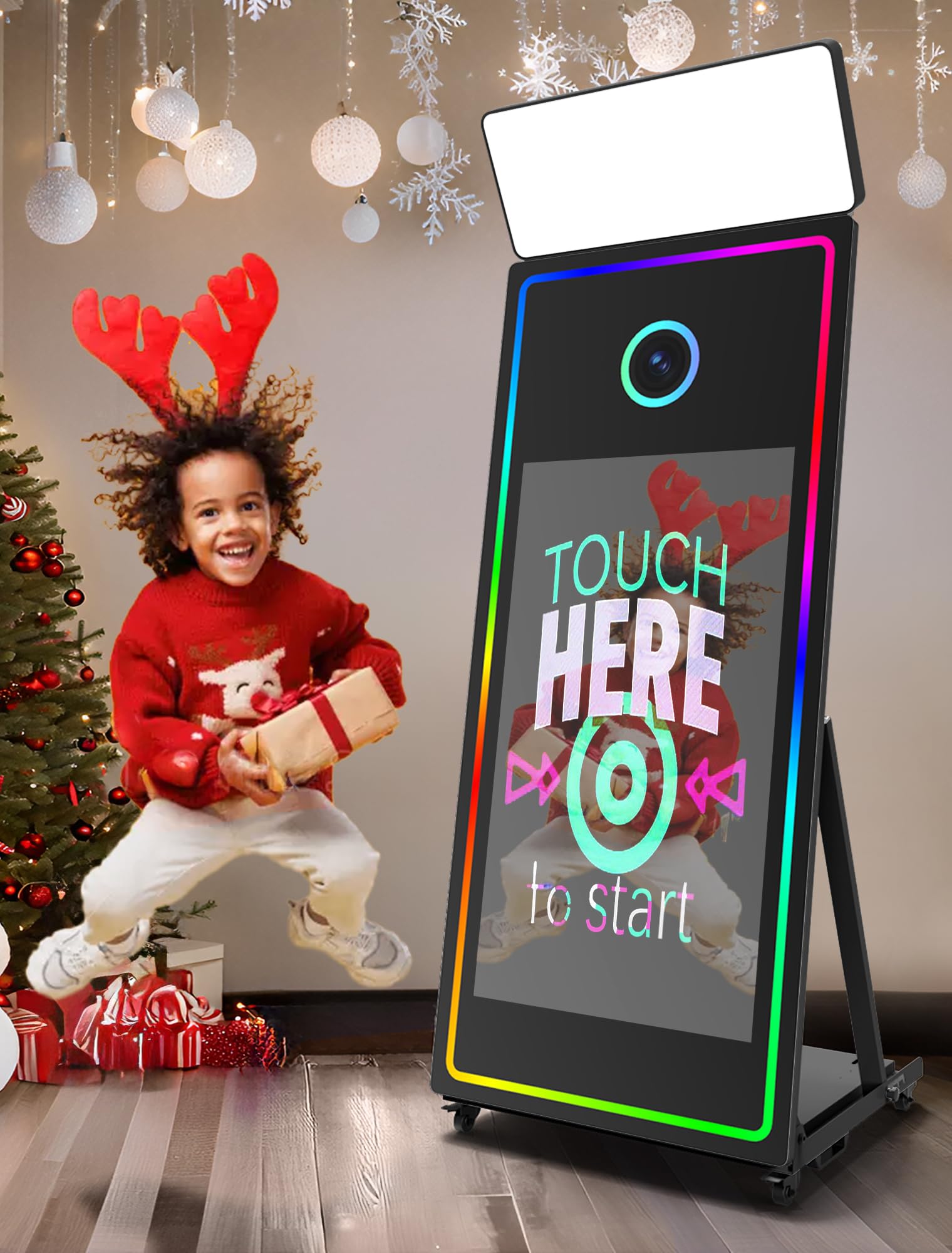 A relevant stock photo of mirror photo booth in a typical setting.