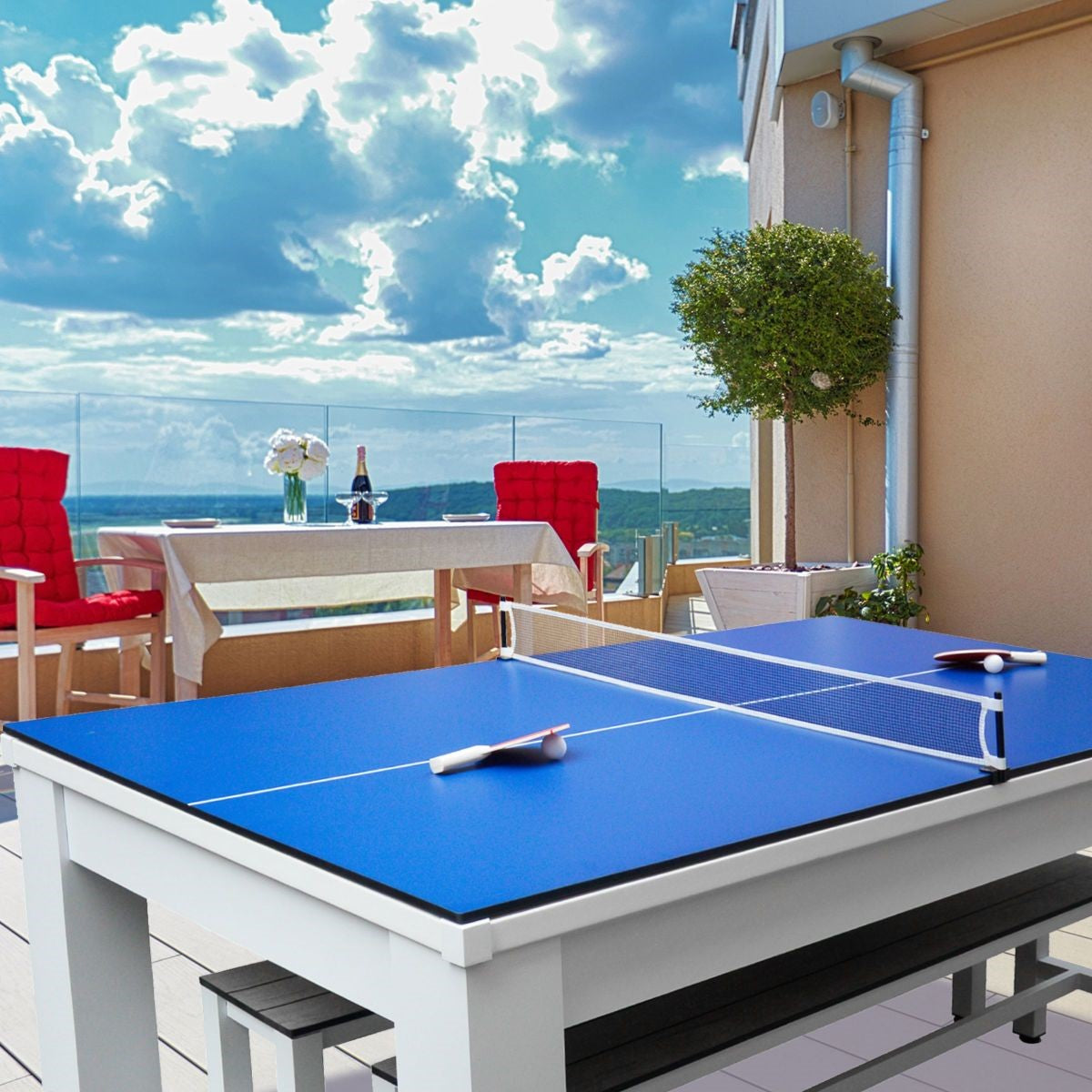 A relevant stock photo of outdoor pool table in a typical setting.