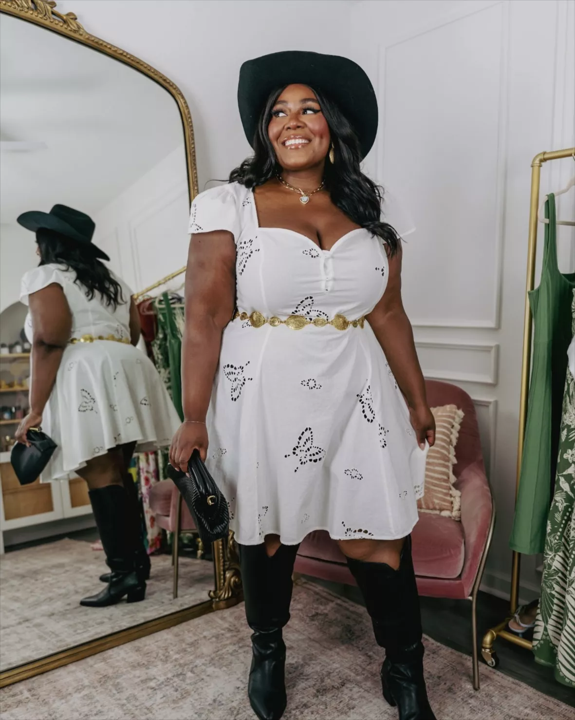 A relevant stock photo of plus size western dresses in a typical setting.