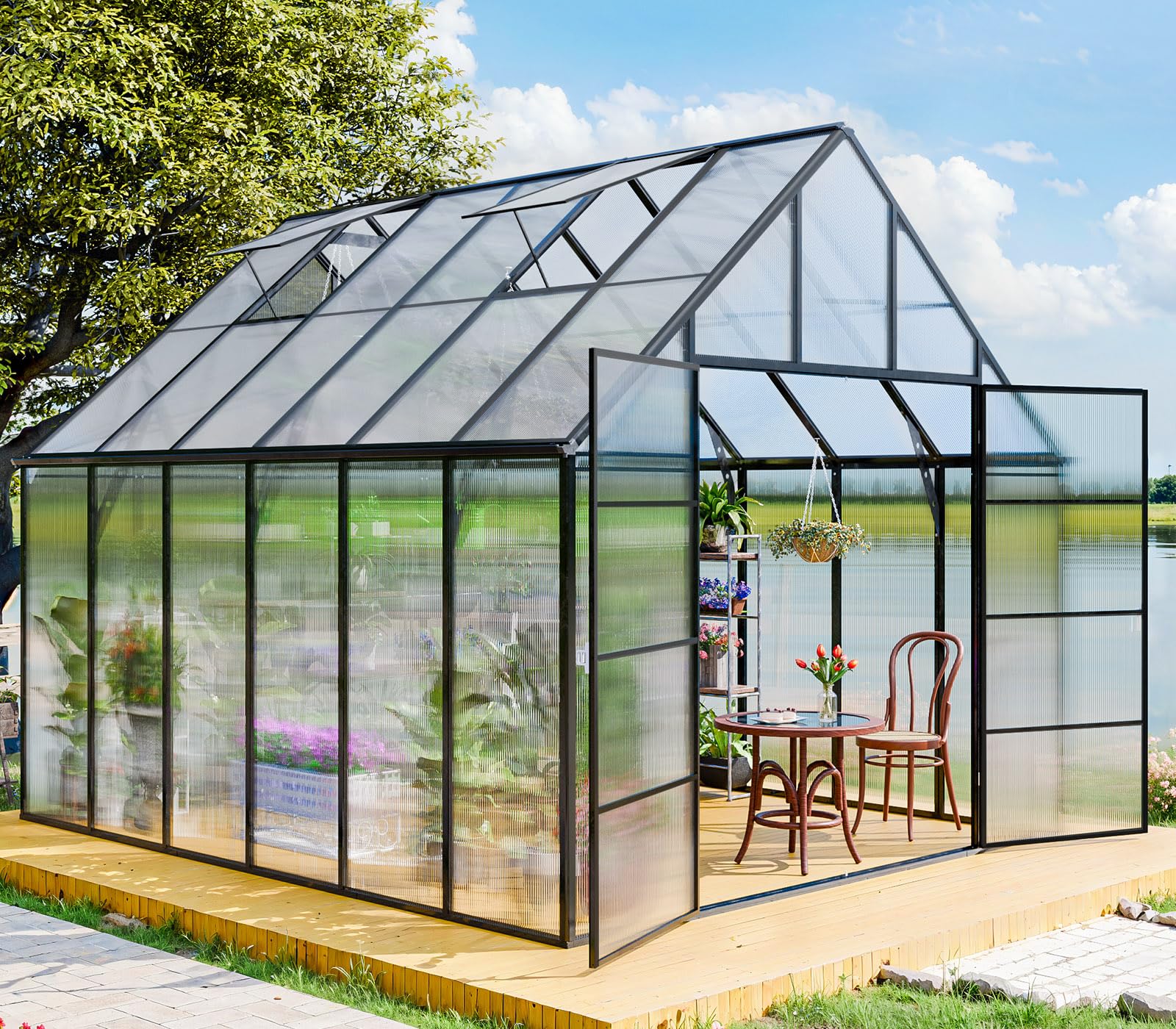 A relevant stock photo of polycarbonate greenhouse in a typical setting.