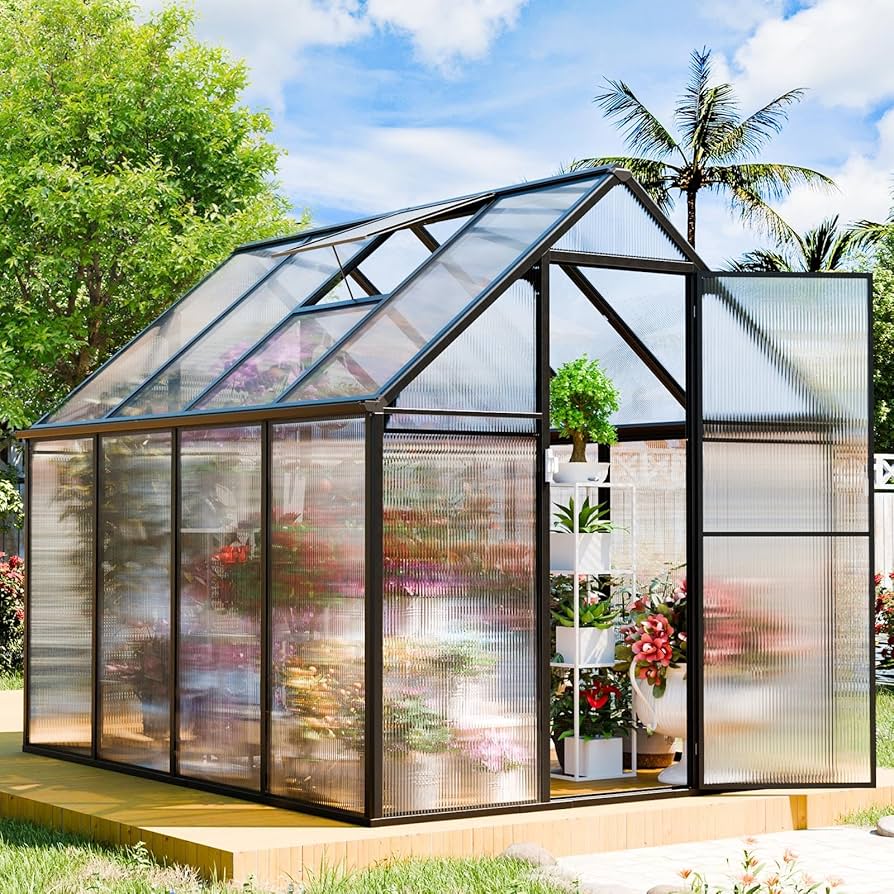A relevant stock photo of polycarbonate greenhouse in a typical setting.