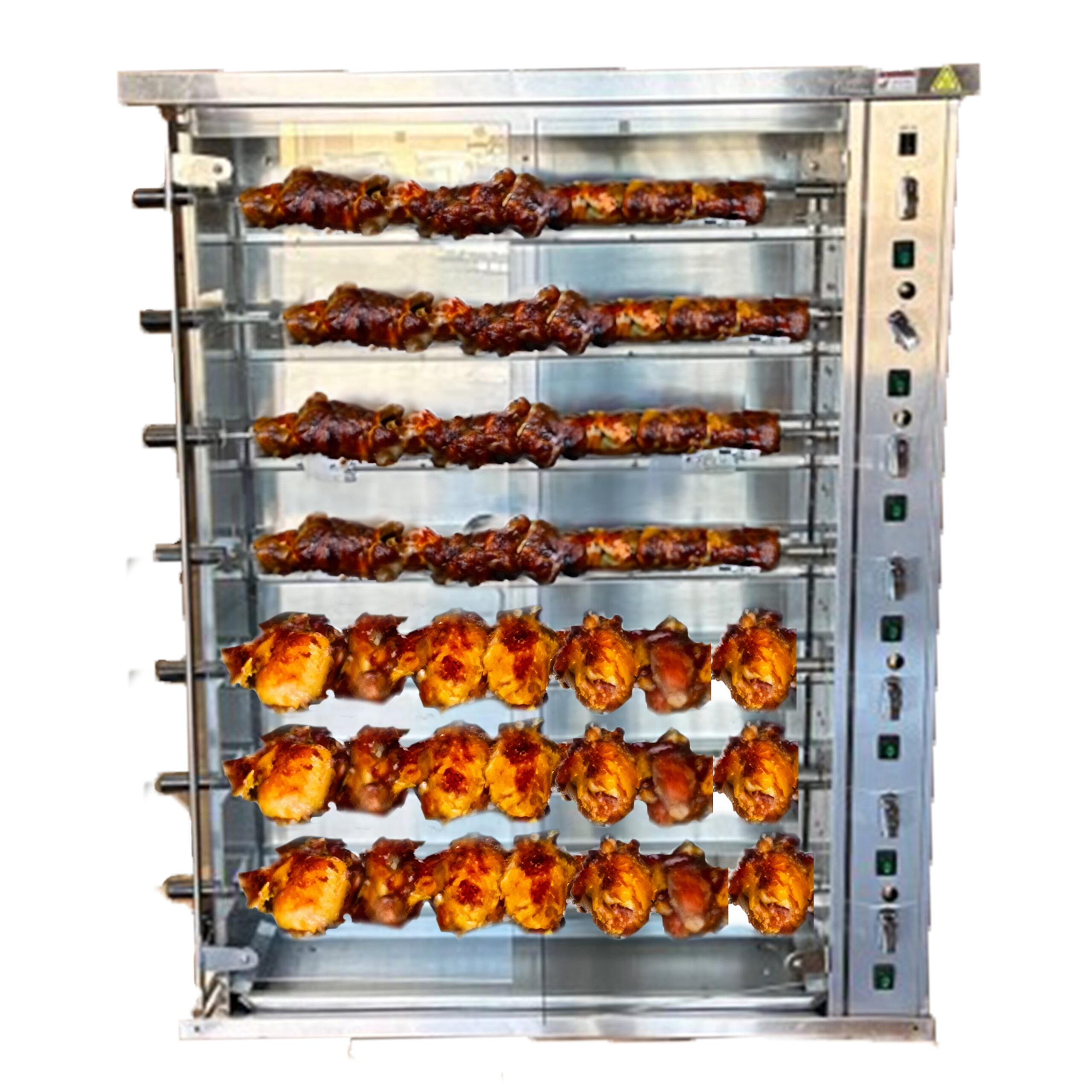 A relevant stock photo of rotisserie chicken machine in a typical setting.