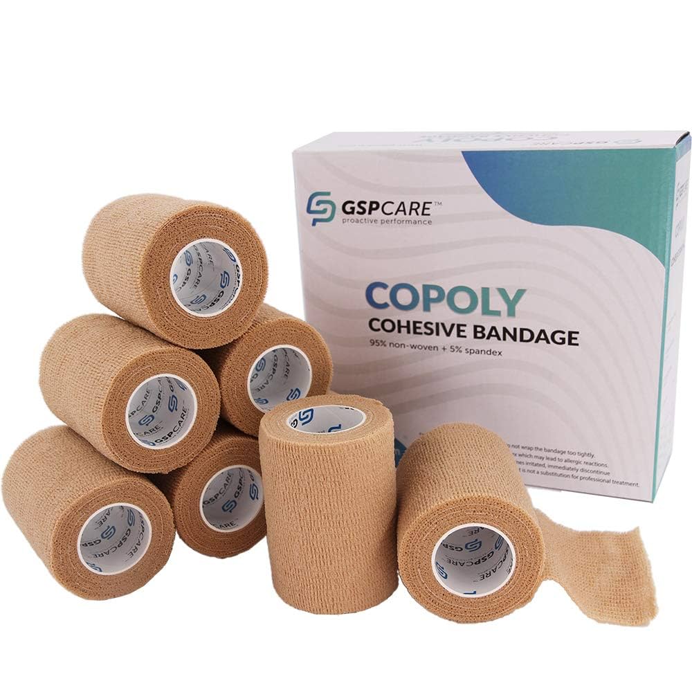 A relevant stock photo of self adhesive bandage wrap in a typical setting.
