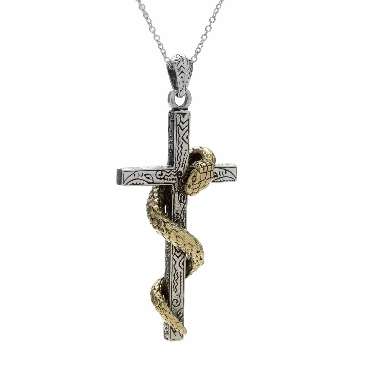 A relevant stock photo of snake on the cross necklace in a typical setting.