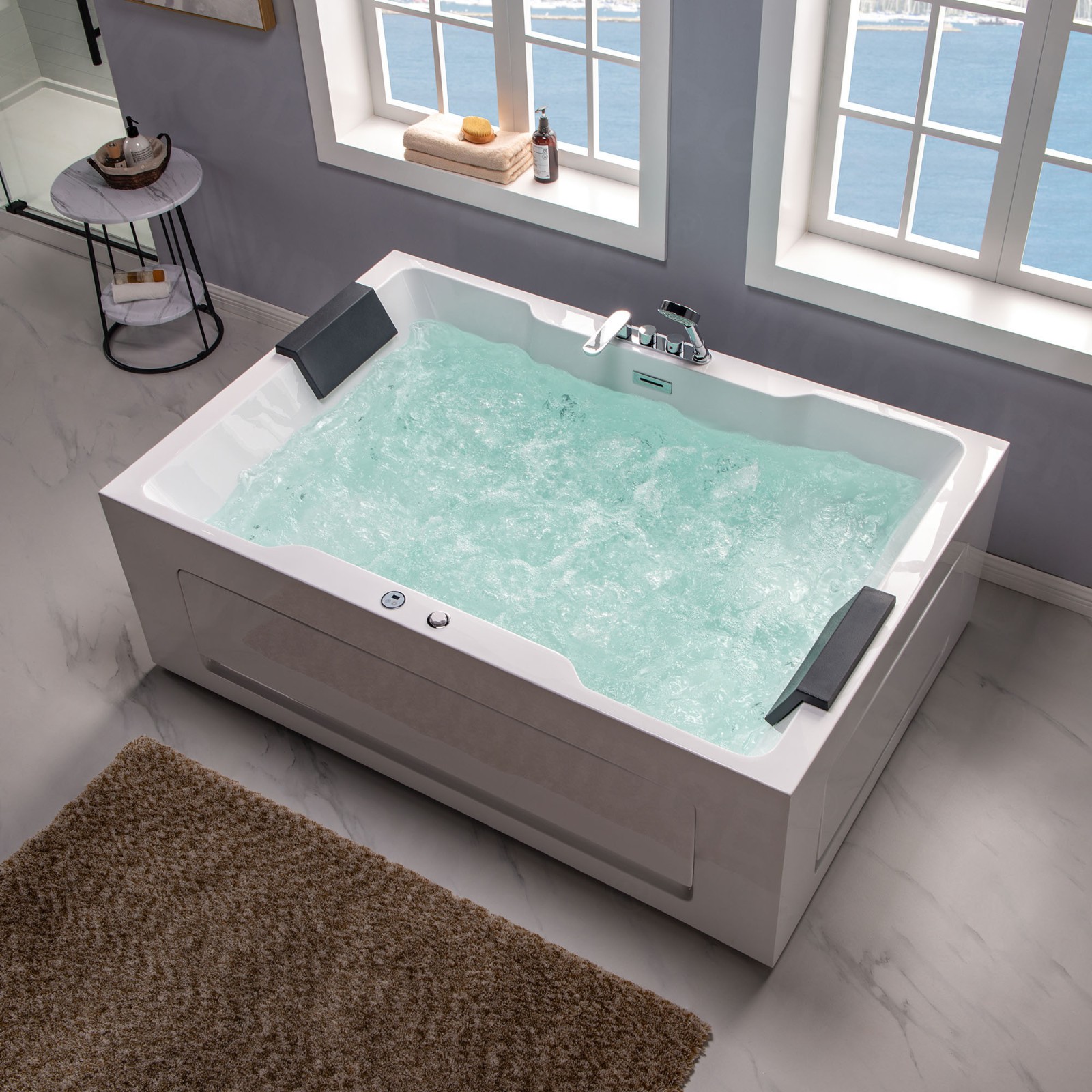 A relevant stock photo of two man jacuzzi in a typical setting.