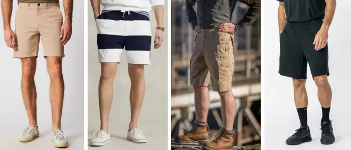 A relevant stock photo of types of short trousers in a typical setting.