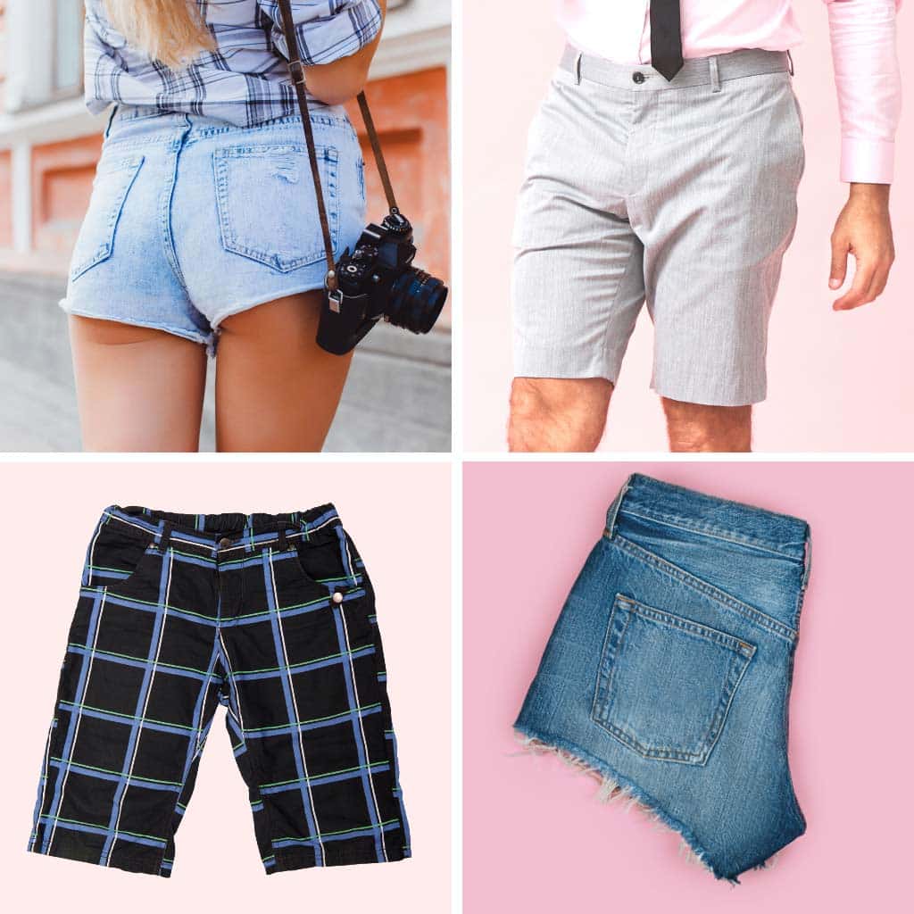 A relevant stock photo of types of short trousers in a typical setting.
