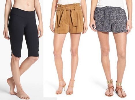 A relevant stock photo of types of short trousers in a typical setting.